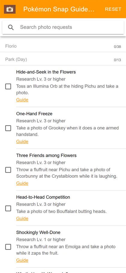 New Pokémon Snap Guide app showing the research quest checklist